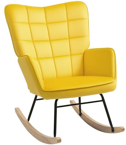 HOMCOM Fauteuil à Bascule, Rocking Chair, revêtement en Velours, Chaise à Bascule, Structure en Acier, Pieds en Bois Massif, Jaune