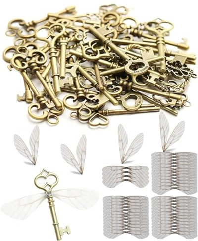 TPZORJX 80 pièces Ensemble de Pendentifs à Clé Antiques Vintage Décoratifs, 40pcs Clés Volantes Charmes, 40pcs Ailes de Libellule, pour DIY Colliers Clés Artisanales