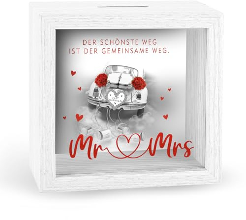 KE - Hochzeit Spardose Mr. & Mrs mit Folienprägung - Romantisches Geschenk für Brautpaar - Geldgeschenk zur Hochzeit - Dekorative Sparbüchse mit Gravur - Geldbox für Eheleute