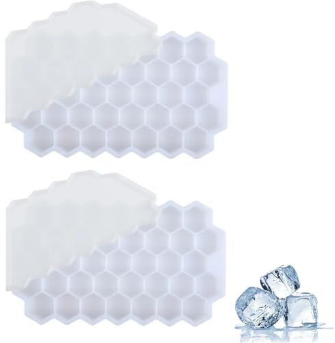 2Pcs Ice Cube Tray, Ice Tray with Lid Silicone Ice Cube Moulds with No-Spill, Flexible Ice Cube Molds Small Ice Cube Trays for Freezer Kitchen Chilled Drinks Whiskey Cocktail (37 Hexagonal White)