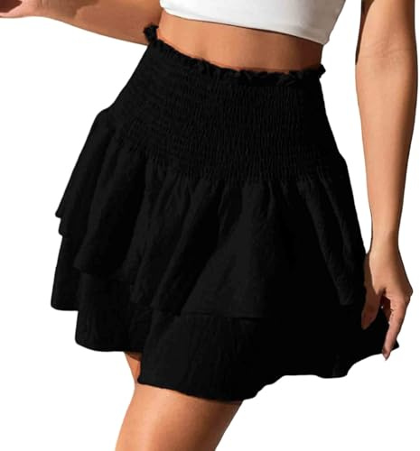 Faldas para hombre Faldas cortas para mujer en verano, cintura alta, dobladillo con volantes, mini falda casual negra alta, Negro , S