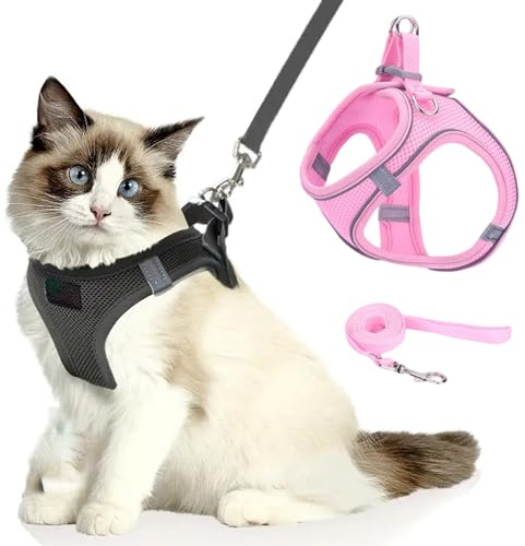 Katzengeschirr, Katzenleine Mit Geschirr füR Katzen, Atmungsaktive Bequemes Anti Ausbruch Geschirr für Katzen Mit Reflektierenden Streifen (pink,XXXS)
