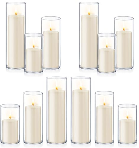 24 PCS Ivory White Pillar Candles with Glass Candle Holders Clear Hurricane Candle Holders Glass Cylinder Vases for Centerpieces Wedding Party, Event, Home Office (12 Candles+12 Candle Hoders)