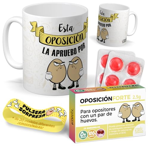 Kit regalo personalizado para opositores | Taza Esta oposición la apruebo por huevos + Caramelos divertidos + Pulsera sorpresa | Regalo divertido, original y único para oposicion, cumpleaños, navidad.