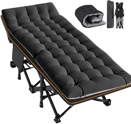 Meulbaty Oversized Folding Camp Bed with Mattress 198x81x46 cm (XXL Black) | 81cm Extra-Wide, 400KG Heavy Duty Steel Frame and Oxford Cloth, Camping Cot, Great for Adults, Garden and Trip