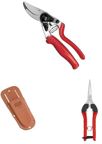 FELCO 12 Rollgriff-Gartenschere mit Lederholster 910+ und Leseschere 322 – Kompaktes Set für kleine Hände, feine Ernte- und Schnittarbeiten