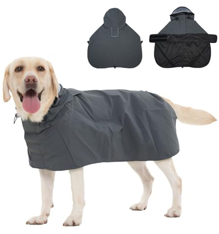 Hjyokuso Regenmantel Hund XL, Wasserdicht Hunderegenmantel mit Kapuze, Reflektierende Elemente, Verstellbar, Hundejacke mit Beinschlaufen & Leinenöffnung für kleine mittelgroße große Hunde Grau