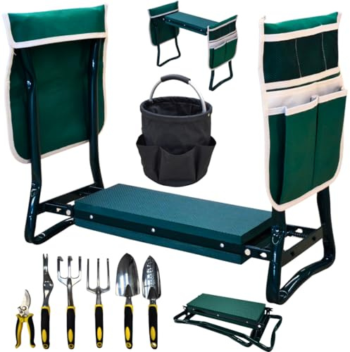 WEVOH 2 in 1 Kniebank für Gartenarbeit mit Eva-Schaumpolster, klappbar, inkl. 2 Werkzeugtaschen, 6-teiligem Werkzeugset und faltbarem Garteneimer, belastbar bis 150 kg