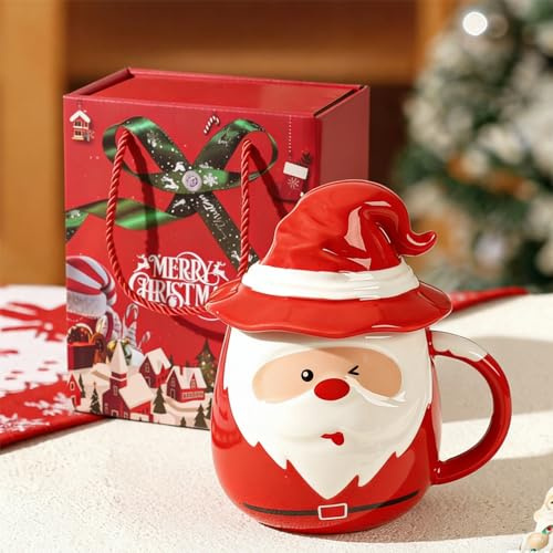 Shyllin Weihnachtstasse, Weihnachtsbecher, Weihnachtsgeschenke, Tasse Weihnachten Mit Deckel Löffel, Kaffeebecher aus Porzellan 450Ml, Christmas Coffee Cup - Niedliche Designs & Weihnachtsmotive-LR