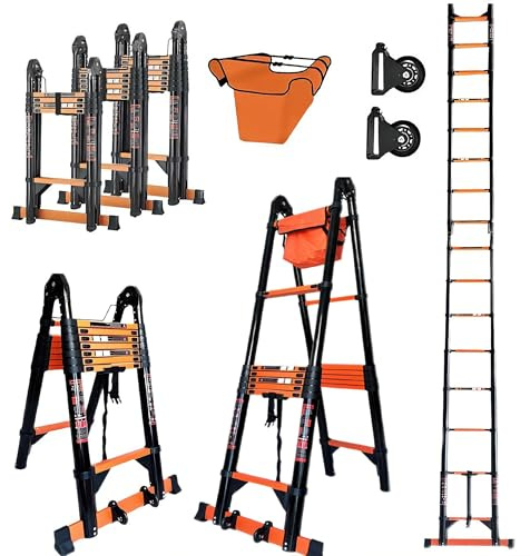 Teleskopleiter Klappleiter 4.2m/5.8m/6.6m Multifunktionsleite Kohlenstoffstahl Leiter Stehleiter mit 2 Rädern & Werkzeugtasche Bis 150 kg Belastbarkeit mit EN131 Zertifiziert (6.6m (3.3m+3.3m))