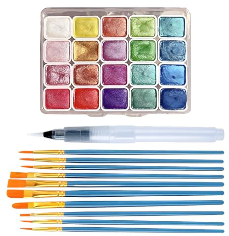 aieieii 20 Colors Watercolour Paint Set, Pearlescent Water Colour Paints Sets Glitter Paint Box with 11pcs Paintbrushes, Solid Watercolor Set, Gift Suitable for Artists and Painting Enthusiasts