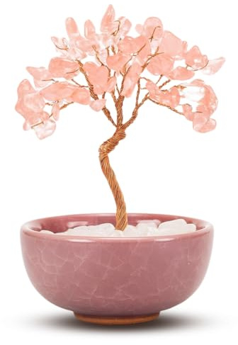 JYNVO Rosenquarz Kristallbaum - Lebensbaum Feng Shui Deko, Naturstein Geldbaum mit Rollsteinbasis, für Reiki Heilung, Valentinstag, Geburtstag & Frauen