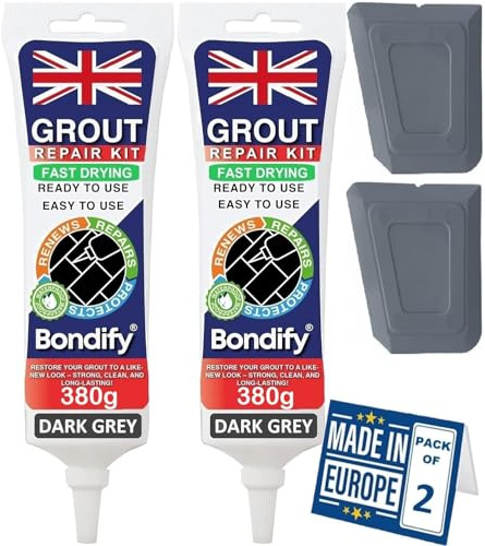 BONDIFY Waterproof Dark Grey Grout Ready Mixed, Grout Repair Kit, 380g x 2PCs, FAST DRYING, EXTRA VOLUME Anti Mould Dark Grey Tile Grout for Shower, Bathroom, Kitchen, Quick Drying Tile Gap Filler
