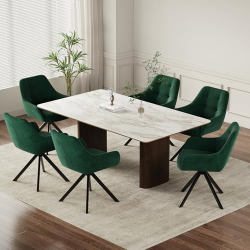 COLAMY Drehbare Esszimmerstühle 6er Set, Esszimmerstühle Drehbar mit Armlehne, Armlehnstuhl Drehbar mit Rückenlehne für Esszimmer, Stühle aus Weichem Florstoff mit Metallgestell für Küche, Grün
