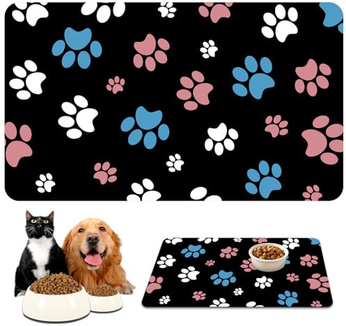 Napfunterlage für Hunde und Katzen, 60 x 40 cm Voerbakmat Hundenapf Matte, Waterafstotend Anti-Slip Petfood Mat, Saugfähige Schnelltrocknend Futtermatten für Haustier, Silikonunterlage Futternapf
