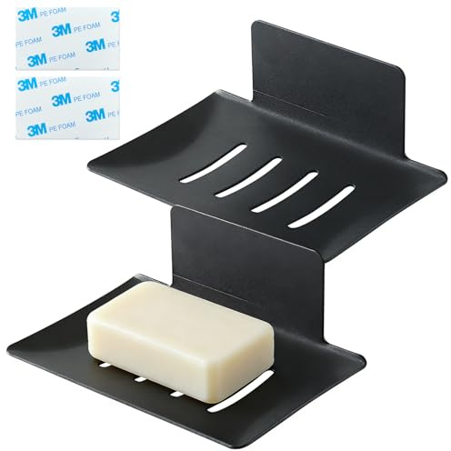 MINGBOLIN Seifenschale ohne Bohren 2 Stück Seifenhalter Dusche Schwarz | Lackierter Kohlenstoffstahl, Ablaufschlitze starkes Klebepad 12,4 × 8,2 cm für Dusche Waschbecken und Küche