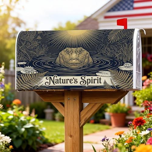 Fundas magnéticas para buzón, diseño de cocodrilo, inspirado en la naturaleza, con sol, nenúfares, verano, azul oscuro, para decoración de jardín al aire libre, 45,7 x 53,3 cm