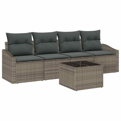 Foknhdi Juego de muebles de jardín de 5 piezas, de polirratán, color gris, con tapicería, conjunto de sofá para exteriores con elementos modulares y mesa ajustable en altura para jardín, terraza