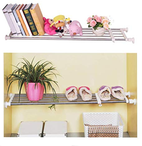 BAOYOUNI Adjustable Closet Tension Shelf Rod Expandable Clothes Hanging Rail Pole Dividers Wardrobe Space Saving Storage Organizer Ivory, 46.85-75 Inches