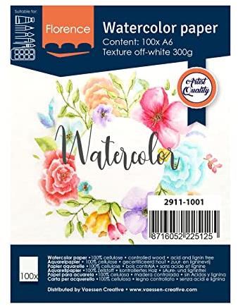 Florence 2911-1001 Aquarellpapier A6 in Elfenbein Weiß, aus 300 g/m² Strukturiertem Papier, 100 Blatt für Aquarellmalerei, Handlettering und Brush Lettering, stück