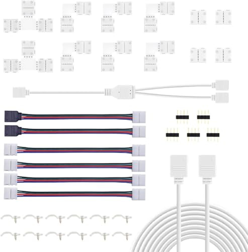 LED-ljusanslutningskit, REDTRON 10 mm RGB LED-kontakt inkluderar L-formade kontakter, T-formade kontakter, 2 m LED-remsa ljusförlängningskabel, remsa till remsa hoppare, 4-polig hankontakter