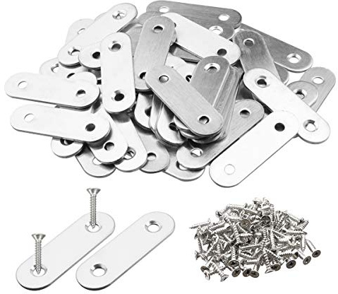 TOPPROS Pack of 50 Flat Corner Brace Plates Metal Joining Plates Connector Repair Bracket with Fixing Screws,,1.57inchx0.6x0.08 inch-2 Holes,Stainless Steel, Silver Color