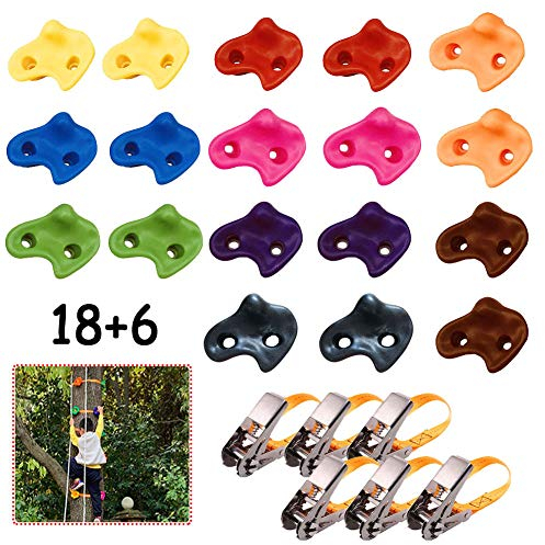 DFGENLY Klettersteine Kinder, Klettern Hält Set mit 18 Baumklettergriffe und 6 Ratschengurt für Ninja Line Obstacle Training, Baumkletter Werkzeug für Garten, DIY, Outdoor Spielplatz