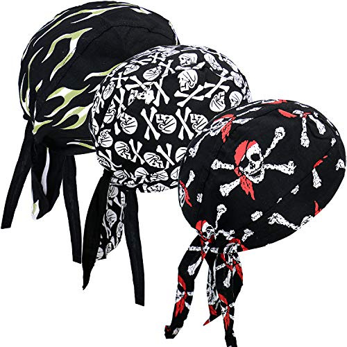Lobimelan 3 Pcs Doo Rags for Men Skull Cap Breathable Moisture Wicking Pirate Hat Helmet Liner Running Cotton Hat for Women