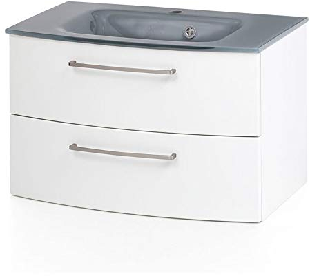 Lomadox Badmöbel Waschtisch-Unterschrank 80cm inkl. Glas-Waschtisch in grau, Matt weiß, B/H/T: ca. 80/53/49cm