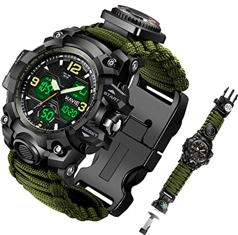 Kavie Mens Sports Digital Watch, 23-in-1 Survival Multi-Functional Outdoors Waterproof Sports Watches Dual Display Analog LED Electronic Wristwatches