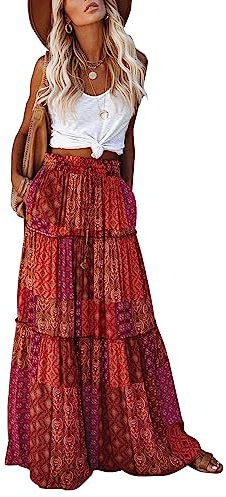 EARKOHA Trendy Lightweight Drawstring Tiered Ruffles Paisley Hippie Plus Size Bohemian Long Maxi Skirt with Deep Pockets for Office Music Festival Travel Picnic Dating Fall Outfits