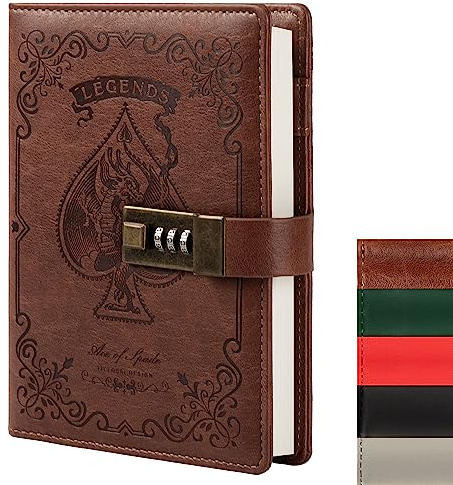 Leather Journal Notebook with Combination Lock, Mysterious Legend Locked Diary with Key for Adults Boys Girls Kids Men Women, B6 Secret Passwords Refillable Personal Notebook, 7.87 X 5.51 in (Brown)