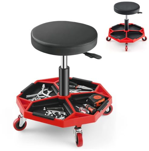 TANGZON Rolling Mechanic Stool with Removable Tool Tray | 41-55 cm Adjustable Height, 360 Swivel Padded Seat, Wheels, 150 kg Capacity, Garage And Workshop Use
