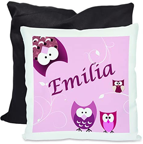CreaDesign, Kinder Kissen 40x40 cm personalisiert mit Namen, Kinderzimmer Deko Kissen Kinder mit Füllung Federn, Motiv Eule rosa, Rückenfarbe Schwarz