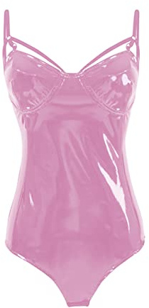 TZMAPU Women's Piece Halter Jumpsuit Faux patent Leather Leotard Bodysuit (Pink, X-Large)