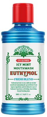 Euthymol Mouthwash ICY Mint 500ml, Contains Flouride, Alcohol-Free, Distinctive Strong Taste Flavour, Reduce Plaque Gingival Clean Healty Teeth Gums, Freshens Breath Refreshing Daily Oral Dental Care