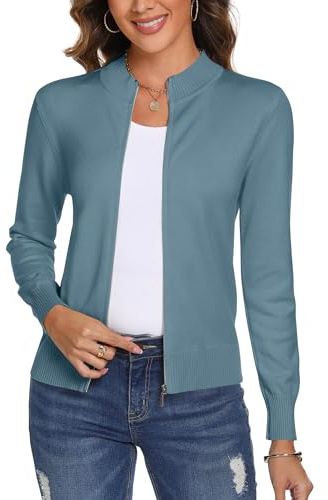 Aottori Maglione Donna con Zip Cardigan Cerniera Leggero Golfino a Maniche Lunghe Giacca in Maglia Elegante Pullover Aperta Casual per Primavera Autunno Blu Grigio M