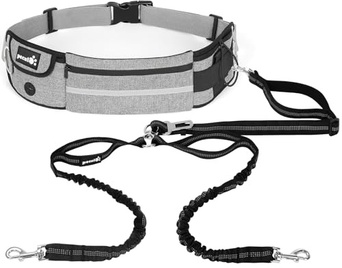 pecute Handsfree hundlöparkoppel, justerbart hundpromenadbälte med fickor och bajspåsehållare, hållbart 2 handtag och reflekterande jogging bungee-koppel för små till medelstora hundar, grå – 2 koppel