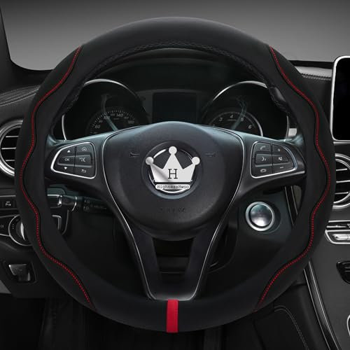 HighnessHwoo Luxury Alcantara Steering Wheel Cover for Cars, Soft Leather Padded Wheels Cover for Sedan, Suv, Auto Interior Accessories, Thin Car Handle Cover, Universal Fit, Anti Slip, 37-38cm, Black