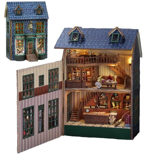 Kit de casa en miniatura 3D, kits de casa pequeña para construir, manualidades de madera para adultos, mini kits de modelo con LED y muebles, Navidad y cumpleaños para mujeres (tienda mágica)