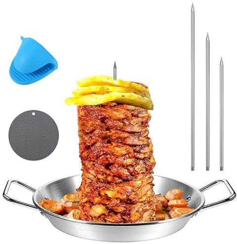 APLUSH Al Pastor Skewer Pan for Grill, Stainless Steel Vertical Skewer Pan with 3 Removable Spikes,Chicken Skewers Gyro Pan for Kebabs on Smoker, Oven, BBQ,B,10inch