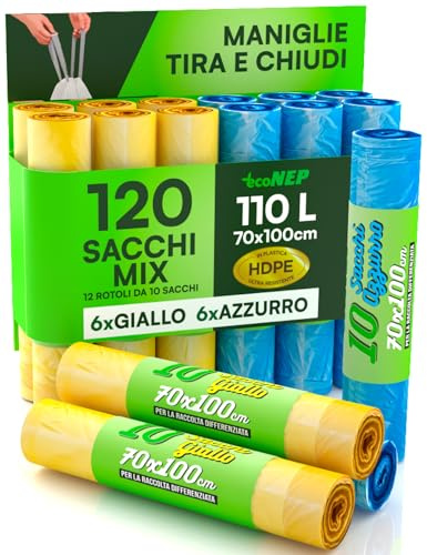 120 Sacchi per Raccolta Differenziata in Plastica Maniglie Tira e Chiudi | Sacchetti Antiforo per Rifiuti HDPE 70x100cm 110L Colore Giallo e Azzurro per Rifiuti Pattumiera 12 Rotoli a Strappo