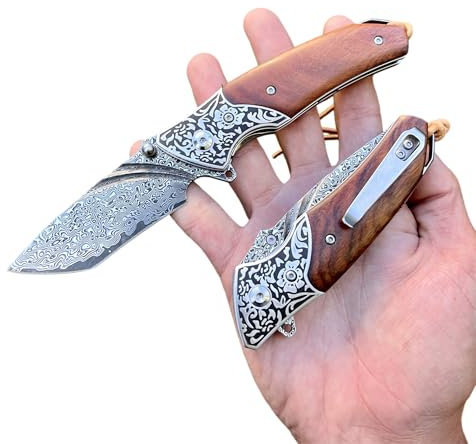 Obespina Couteau Pliant de Poche Damas Luxe, Couteau Pliant en Acier Damas 67 Couches VG10, Couteau de Poche Damascus Avec lame Tranchante et Manche en bois, Pour Collection ou Cadeau Homme