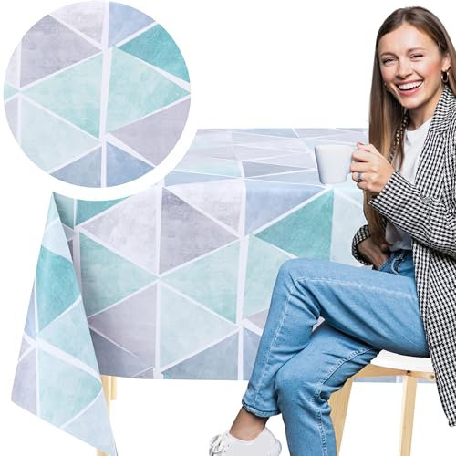 KP HOME Shimmer Grey PVC Table Cloth Wipe Clean Tablecloth with Blue Geometric Triangle Print - Rectangular 78.7x 55.1 - 200x140cm Waterproof and Wipeable Plastic Table Cover Large Vinyl Oilcloth