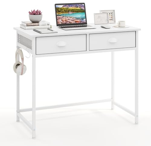 CASART Computer Desk with 2 Drawer, 90 x 45cm Home Office Desk with Metal Frame, Wooden Writing Desk Compact Study Table for Small Spaces (White)