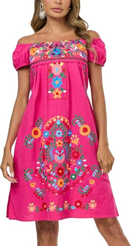 YZXDORWJ Women Mexican Embroidered Dress Casual Loose Bohemian Floral Dress Short Sleeve Long Maxi Summer Beach Swing Dress