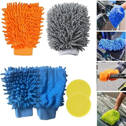 KPSRFG Microfibre Car Wash Drying Mitt Glove & Polish Applicator Pads Set – 4x Washing Mitt and 2x Soft Foam Waxing Pads for Car Washing, Polishing, Vehicle & Motorcycle Cleaning (Random Color)