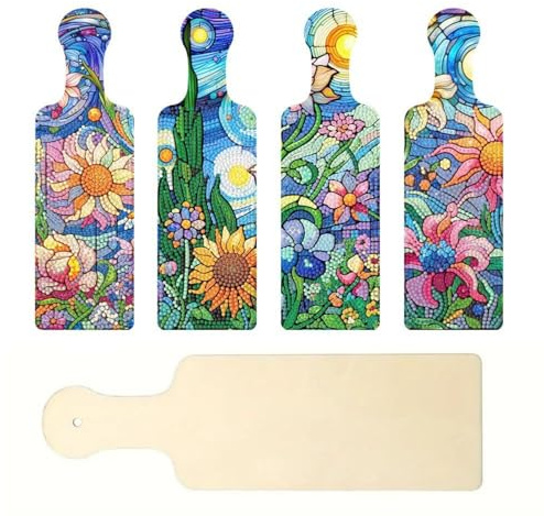 CXINLky Kit Fai-da-Te per Pittura con Diamanti, Tagliere Rettangolare in Legno con Manico per Servizio Tavola, per Esposizione di Dessert da Ristorante e Cucina - 02-Fiori