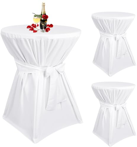 Teruntrue 3 Stück stehtisch hussen weiße,Stehtischhusse weiße für Ø 80-85 cm Stehtische und Bistrotische, Tischdecke aus Polyester mit Fußtaschen