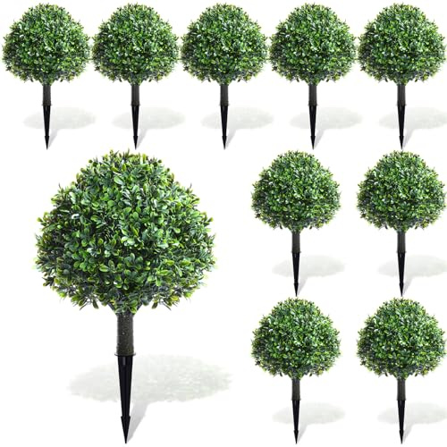 Yunlly 10 Pcs 18 Artificial Boxwood Ball Bush Topiary Trees Fake Boxwood Outdoor Plants Look Real, UV Resistance Faux Shrubs with Spike Greenery Potted for Front Porch Garden Patio Indoor Decor